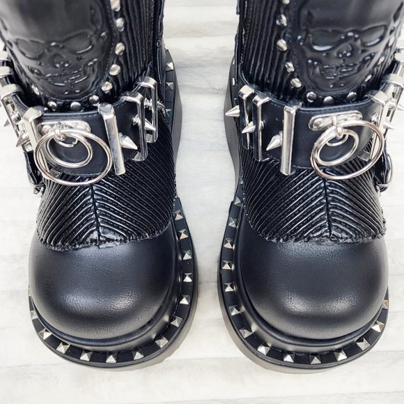 Stud & Skull Patch Black Matte Bear 150 Platform Ankle Boots Goth Punk Rave - Picture 13 of 15